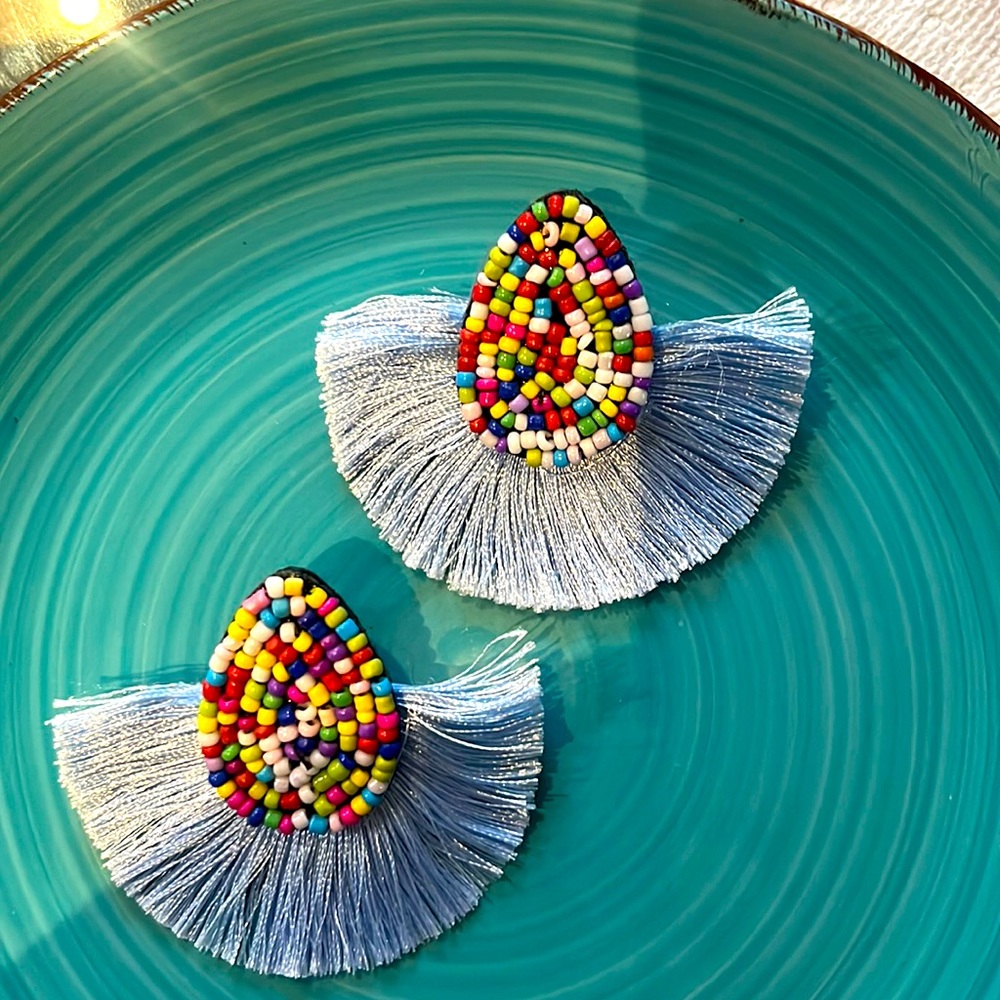 Multi Color Beads Teardrop Half Moon Baby blue Threads Tassel Post Earrings